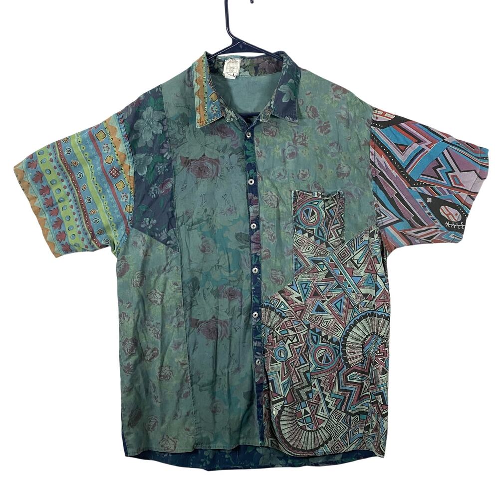 Vintage House Button Blue Hawaiian Floral Geometric Shirt USA Made Size Medium